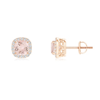 5mm AA Cushion Morganite Studs with Diamond Halo in Rose Gold