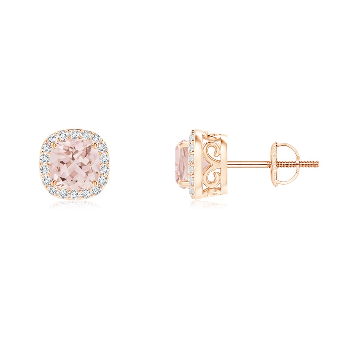 5mm AAA Cushion Morganite Studs with Diamond Halo in Rose Gold