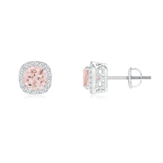5mm AAA Cushion Morganite Studs with Diamond Halo in White Gold