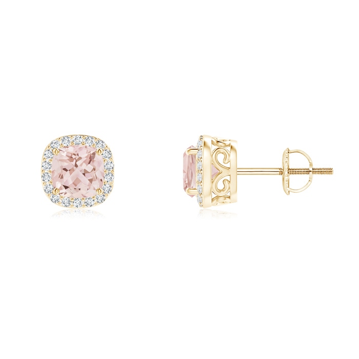 5mm AAA Cushion Morganite Studs with Diamond Halo in Yellow Gold