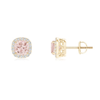 5mm AAA Cushion Morganite Studs with Diamond Halo in Yellow Gold