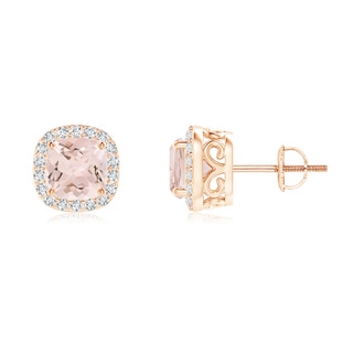 6mm AA Cushion Morganite Studs with Diamond Halo in Rose Gold