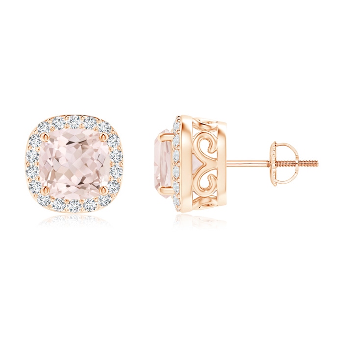 7mm A Cushion Morganite Studs with Diamond Halo in Rose Gold 