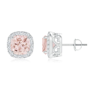 7mm AAA Cushion Morganite Studs with Diamond Halo in White Gold