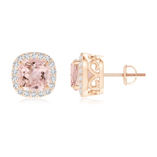 7mm AAAA Cushion Morganite Studs with Diamond Halo in Rose Gold