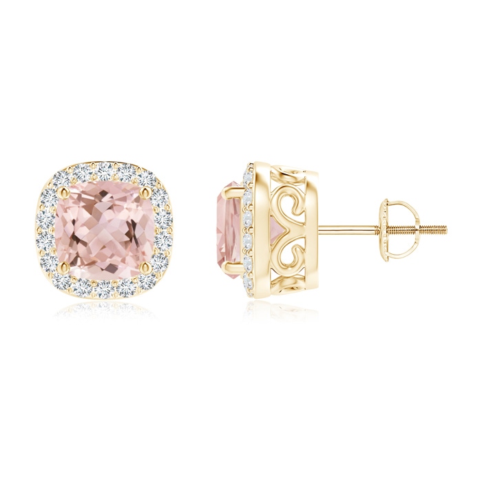 7mm AAAA Cushion Morganite Studs with Diamond Halo in Yellow Gold