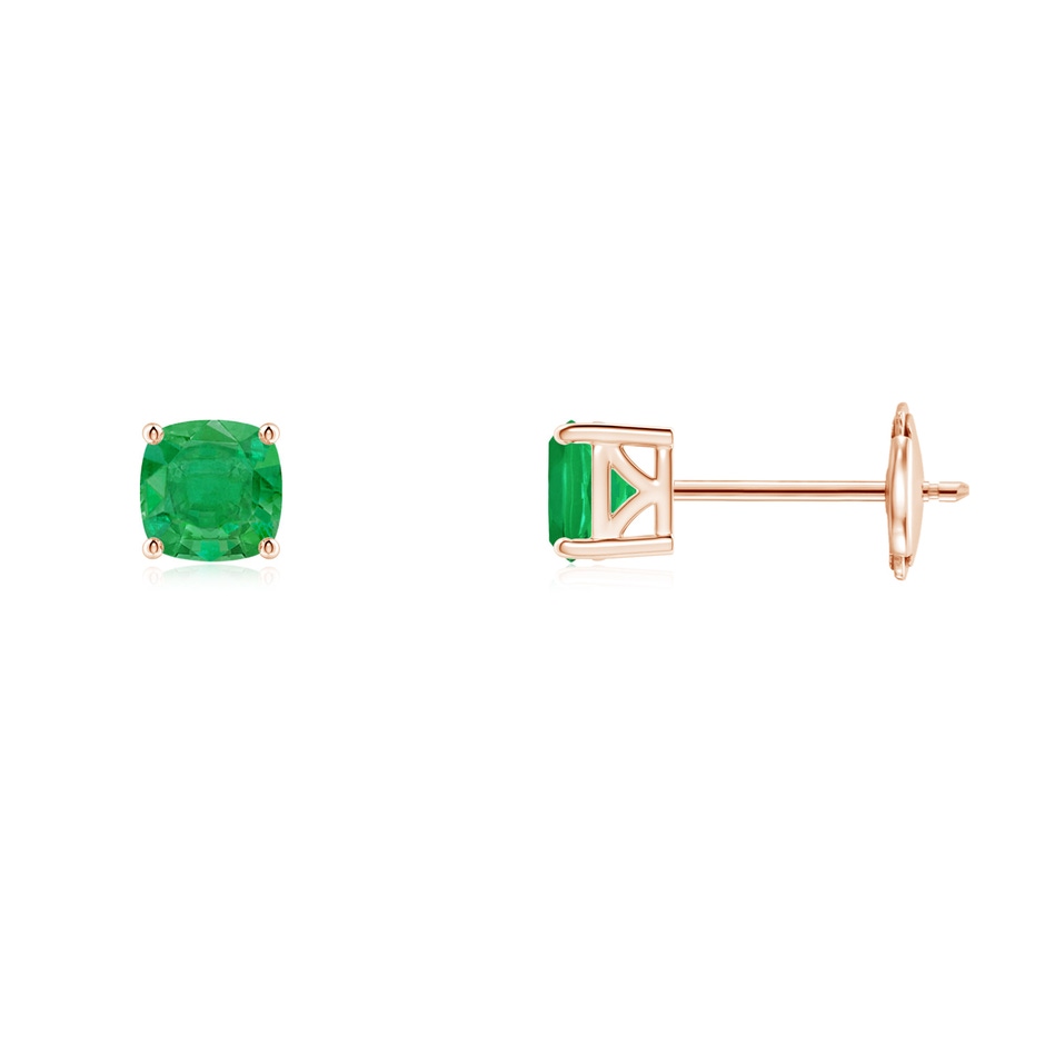4mm AA Classic Basket-Set Cushion Emerald Stud Earrings in Rose Gold 