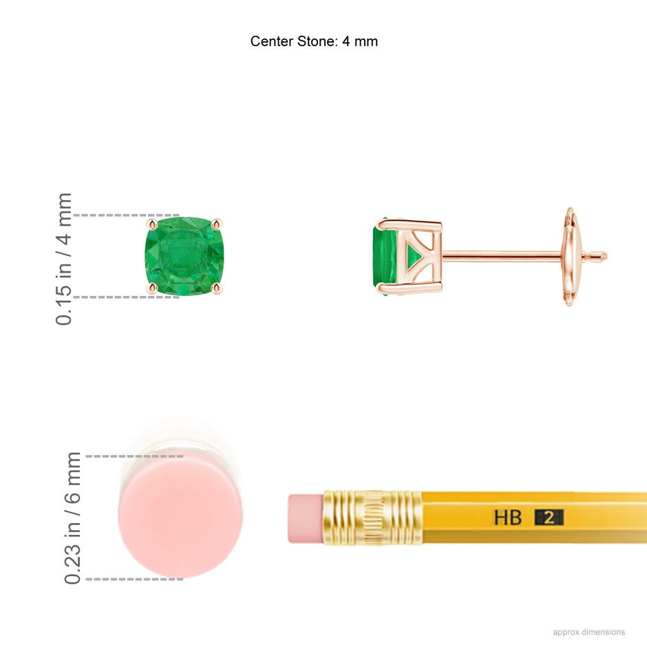 4mm AA Classic Basket-Set Cushion Emerald Stud Earrings in Rose Gold ruler
