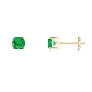 4mm AAA Classic Basket-Set Cushion Emerald Stud Earrings in Yellow Gold