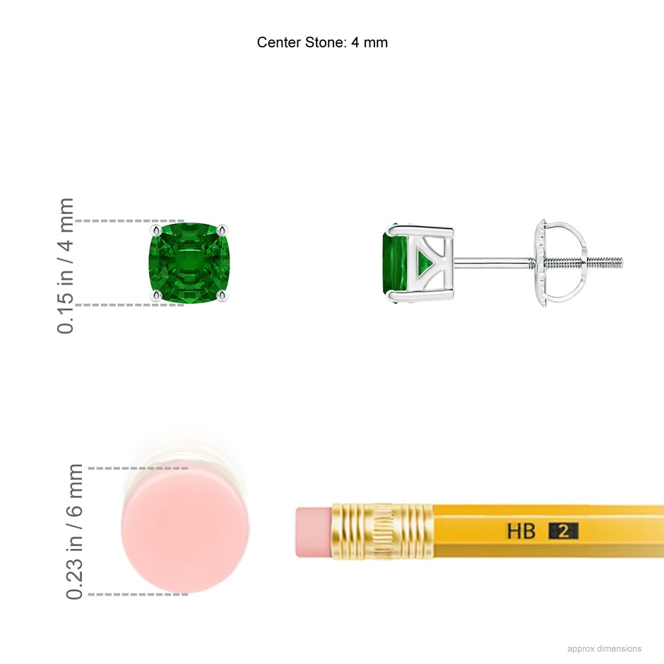 4mm AAAA Classic Basket-Set Cushion Emerald Stud Earrings in P950 Platinum ruler