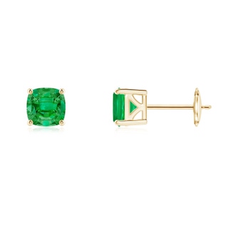 5mm AAA Classic Basket-Set Cushion Emerald Stud Earrings in Yellow Gold