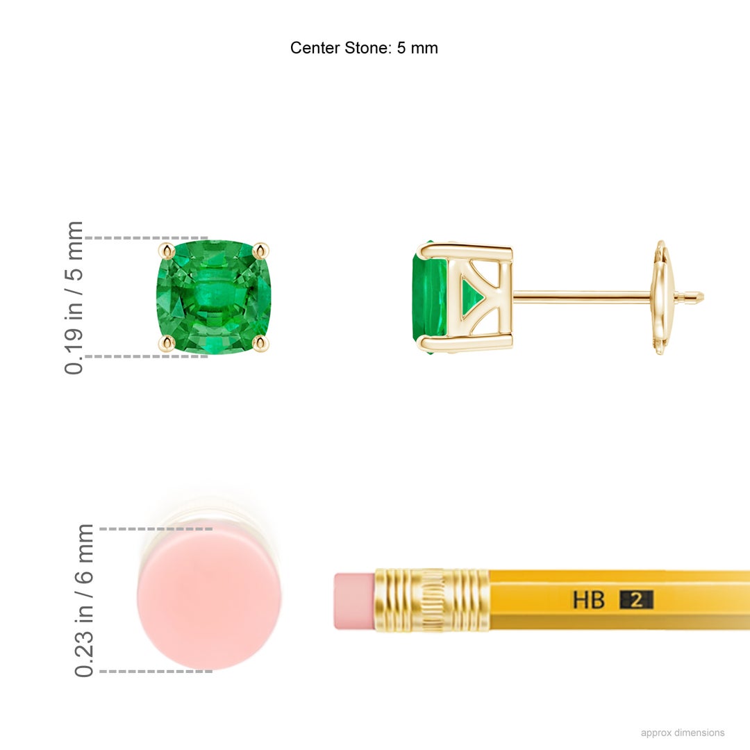 5mm AAA Classic Basket-Set Cushion Emerald Stud Earrings in Yellow Gold - ruler