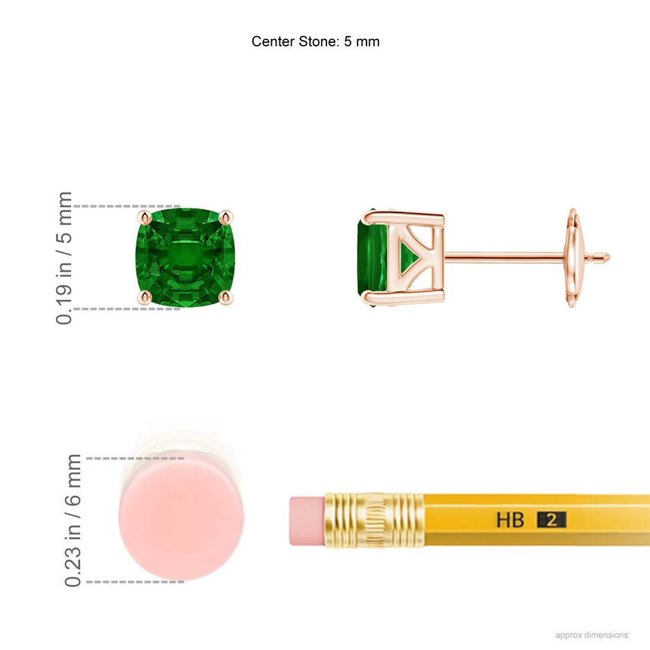 5mm AAAA Classic Basket-Set Cushion Emerald Stud Earrings in Rose Gold ruler