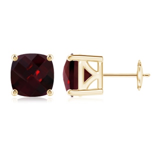 8mm AAA Cushion Garnet Solitaire Stud Earrings in Yellow Gold