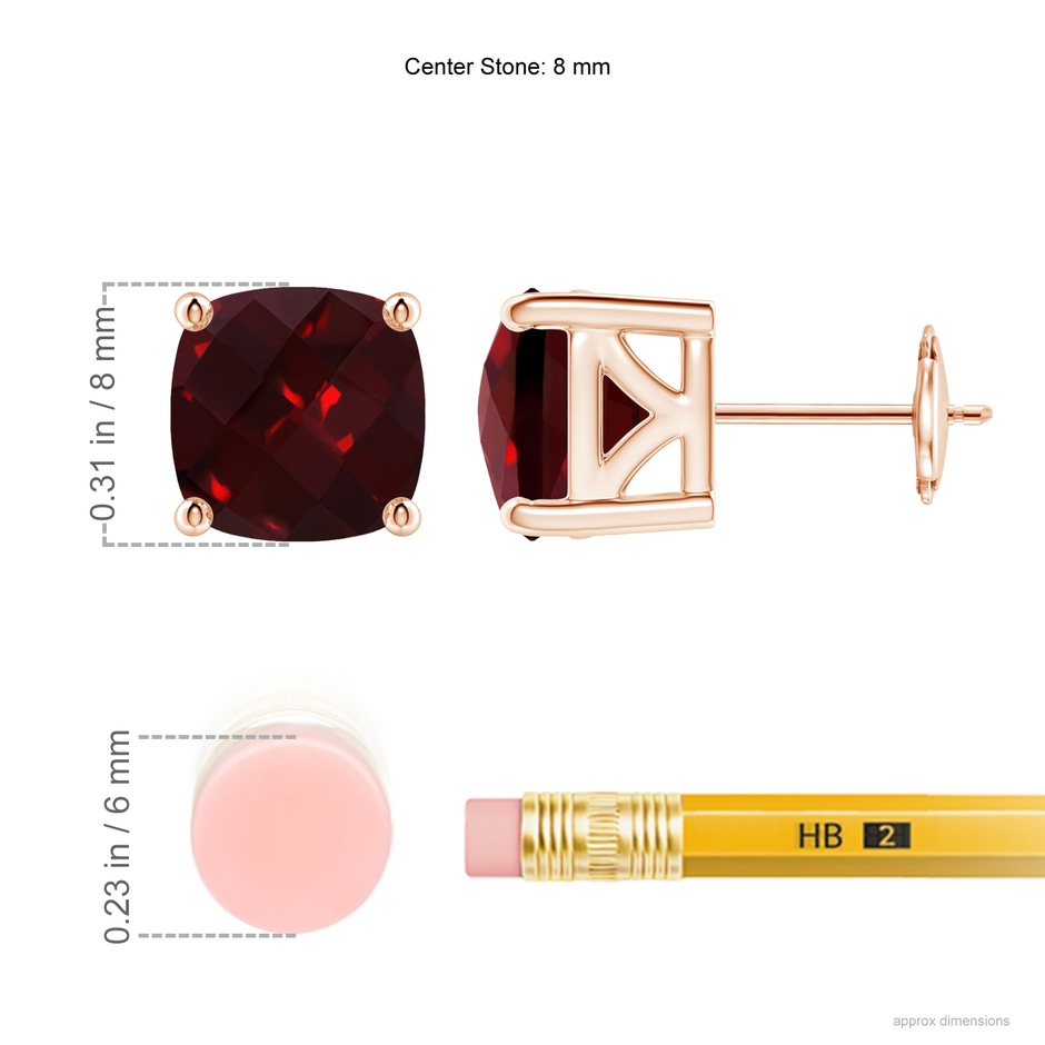 8mm AAAA Cushion Garnet Solitaire Stud Earrings in Rose Gold ruler