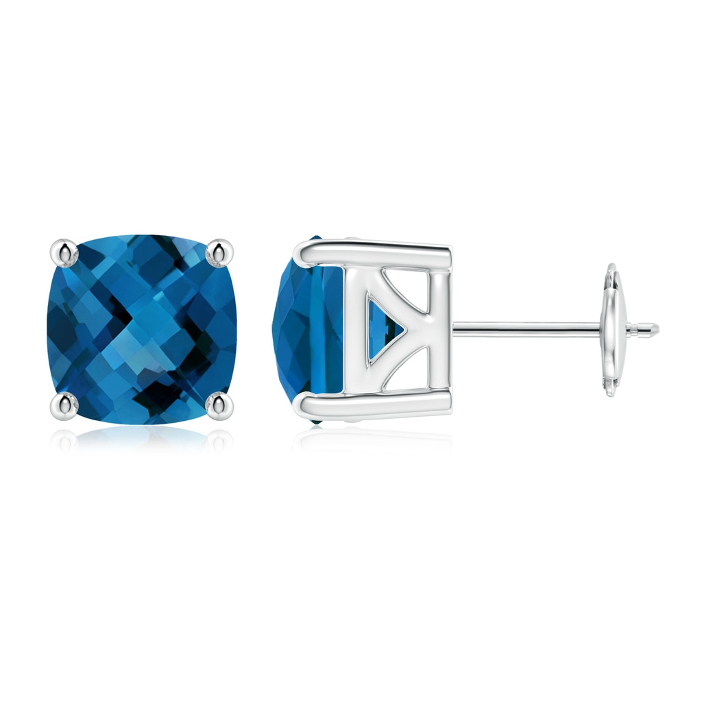 8mm AAA Cushion London Blue Topaz Solitaire Stud Earrings in White Gold