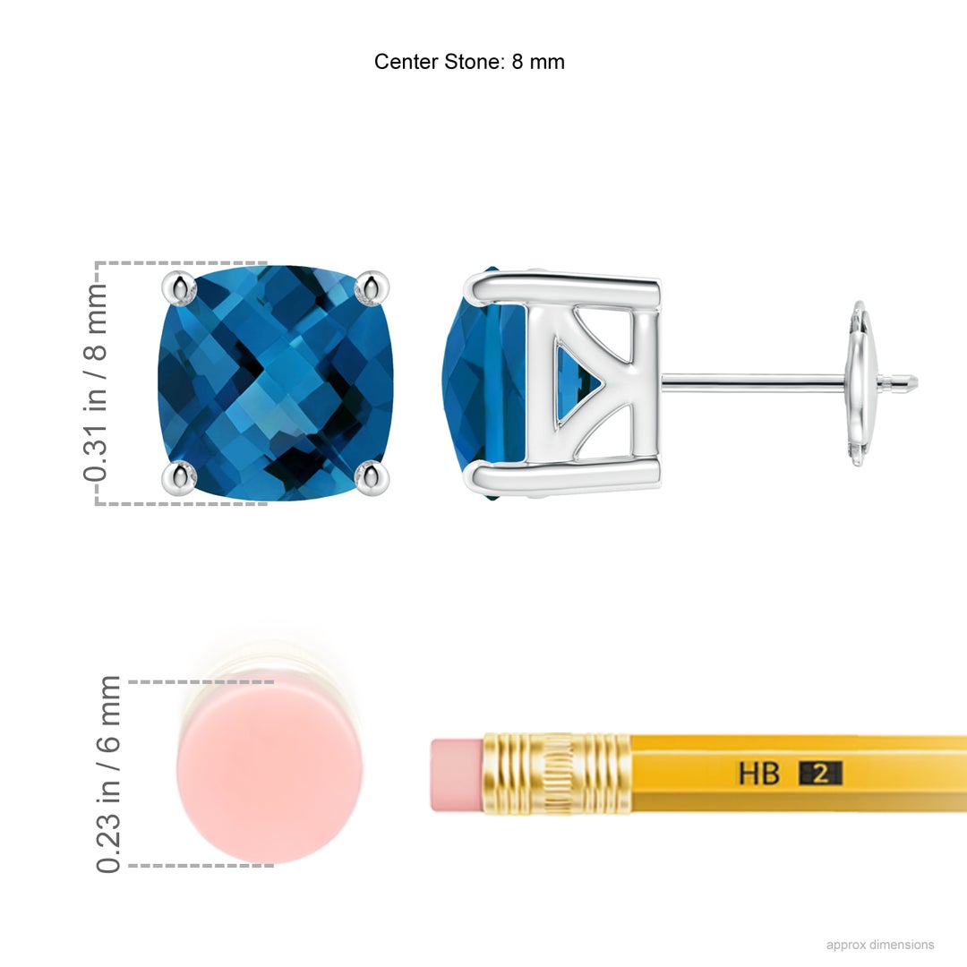 8mm AAA Cushion London Blue Topaz Solitaire Stud Earrings in White Gold - ruler