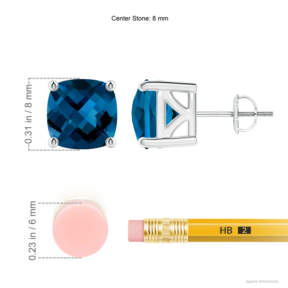 8mm AAAA Cushion London Blue Topaz Solitaire Stud Earrings in P950 Platinum ruler
