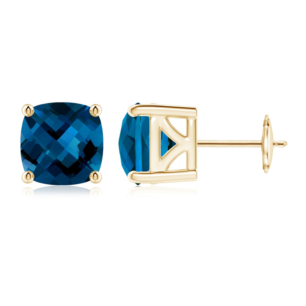 8mm AAAA Cushion London Blue Topaz Solitaire Stud Earrings in Yellow Gold