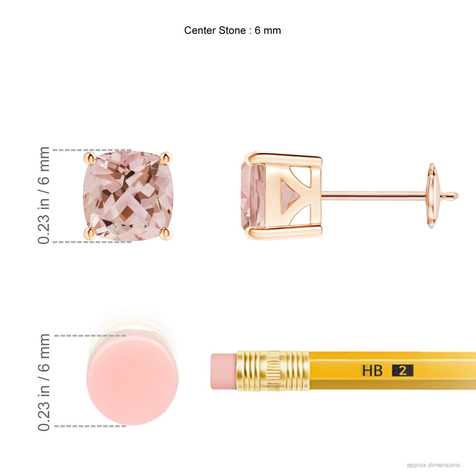 6mm AAA Classic Basket-Set Cushion Morganite Stud Earrings in Rose Gold ruler