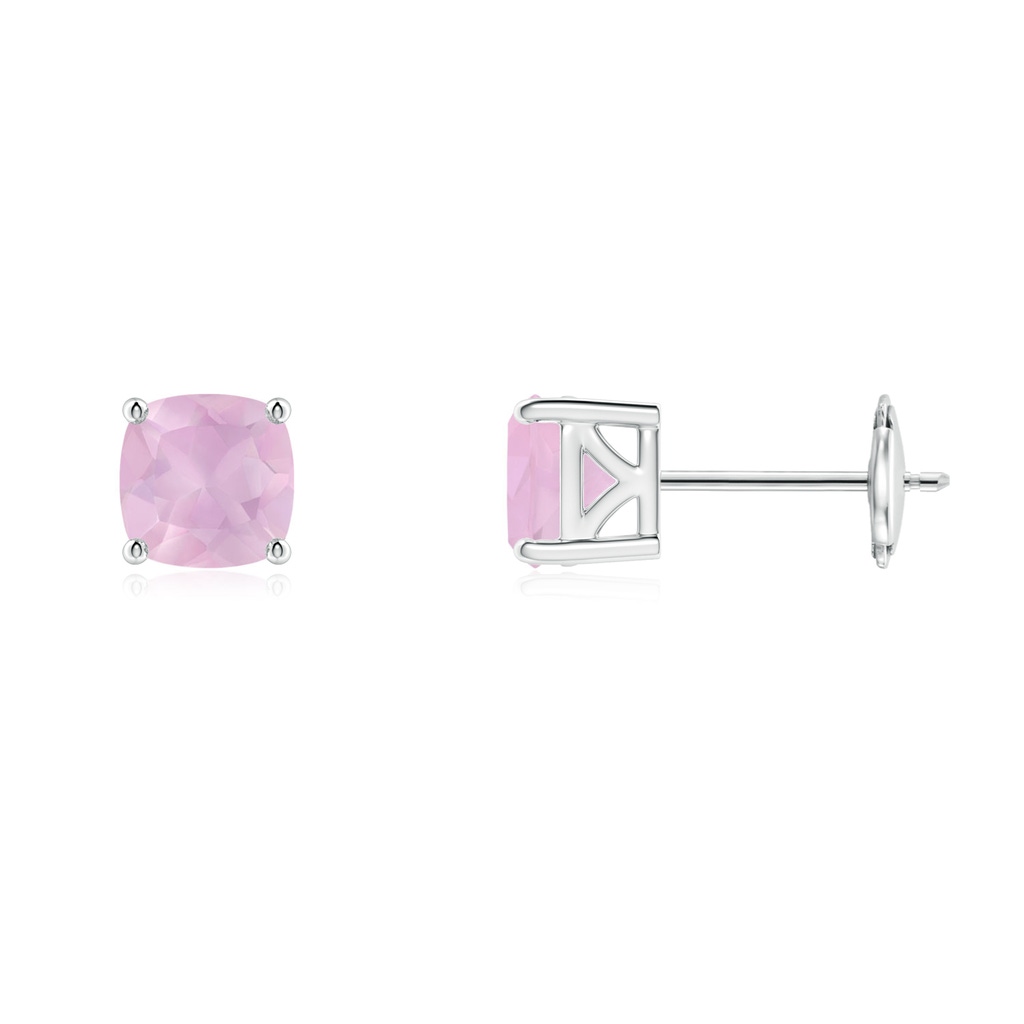 5mm AAAA Classic Basket-Set Cushion Rose Quartz Stud Earrings in White Gold