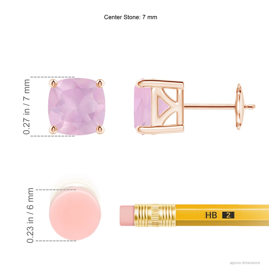 7mm AAAA Classic Basket-Set Cushion Rose Quartz Stud Earrings in Rose Gold ruler