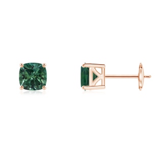 5mm AA Classic Basket-Set Cushion Teal Montana Sapphire Stud Earrings in 9K Rose Gold