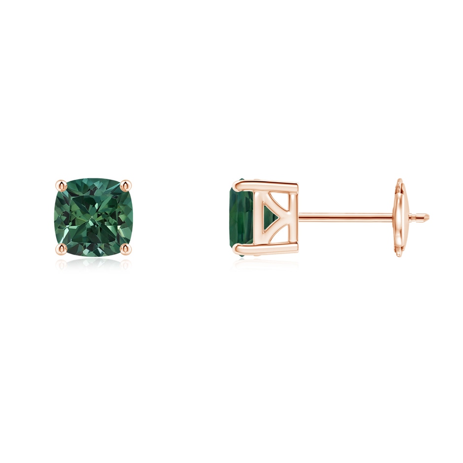 5mm AA Classic Basket-Set Cushion Teal Montana Sapphire Stud Earrings in Rose Gold 