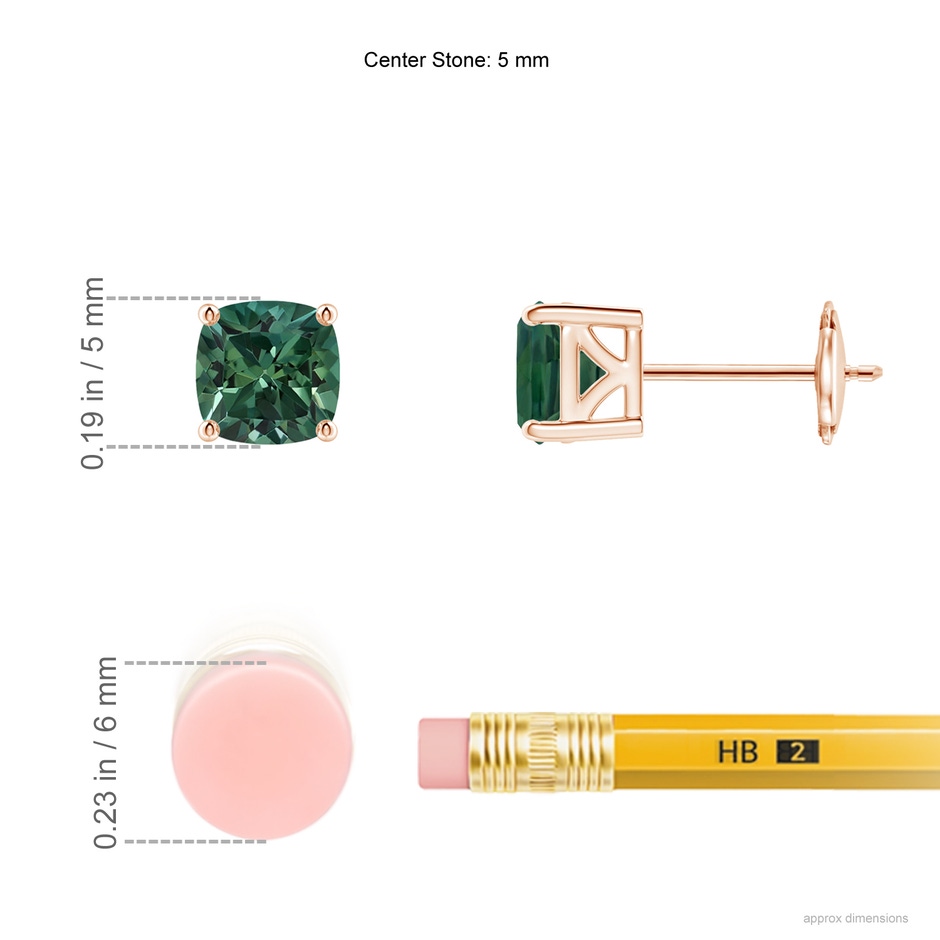 5mm AA Classic Basket-Set Cushion Teal Montana Sapphire Stud Earrings in Rose Gold ruler