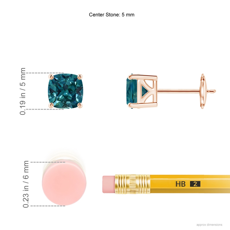 5mm AAA Classic Basket-Set Cushion Teal Montana Sapphire Stud Earrings in 18K Rose Gold ruler