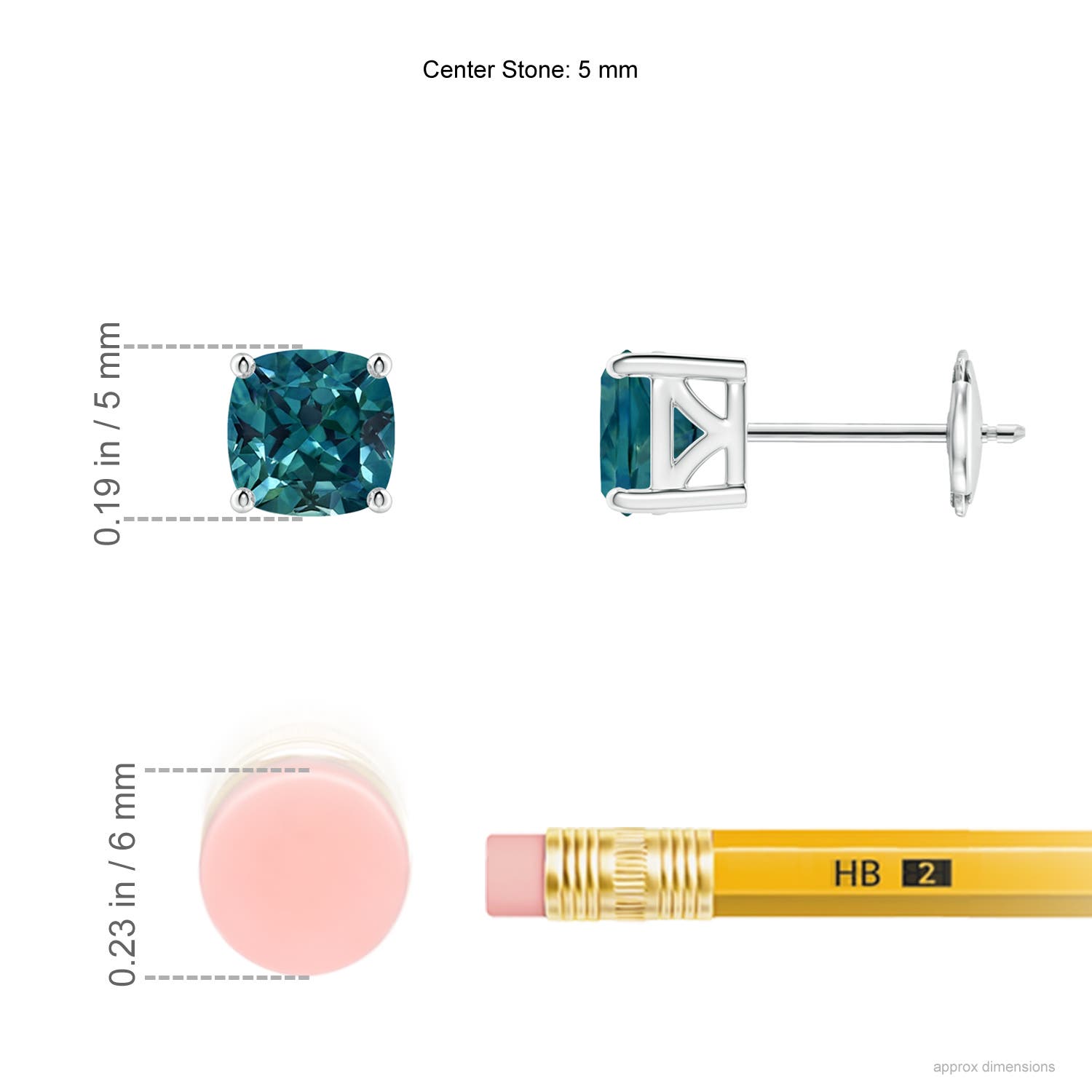 5mm AAA Classic Basket-Set Cushion Teal Montana Sapphire Stud Earrings in White Gold - ruler