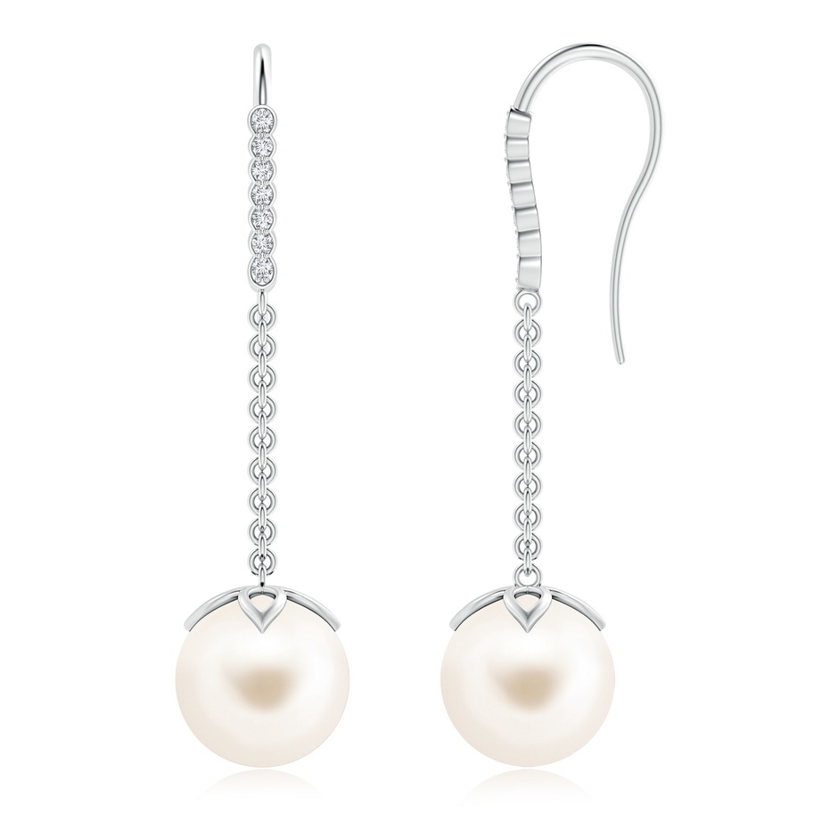 10mm AAA Freshwater Pearl Long Dangle Earrings in White Gold 