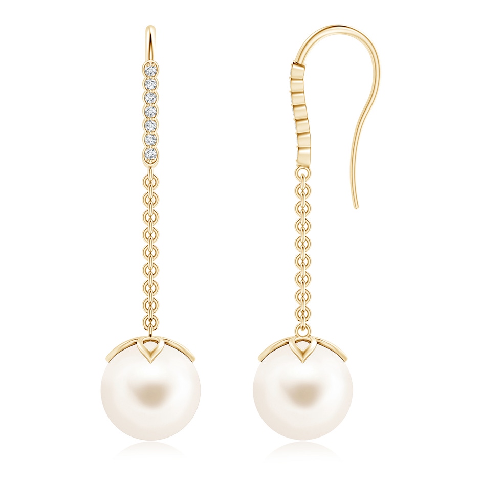 10mm AAA Freshwater Pearl Long Dangle Earrings in Yellow Gold 