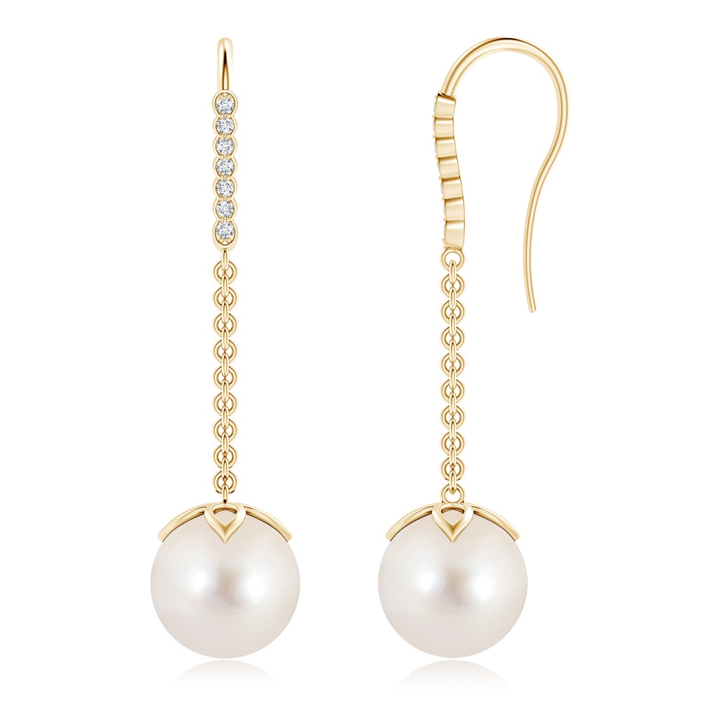 10mm AAAA Freshwater Pearl Long Dangle Earrings in Yellow Gold