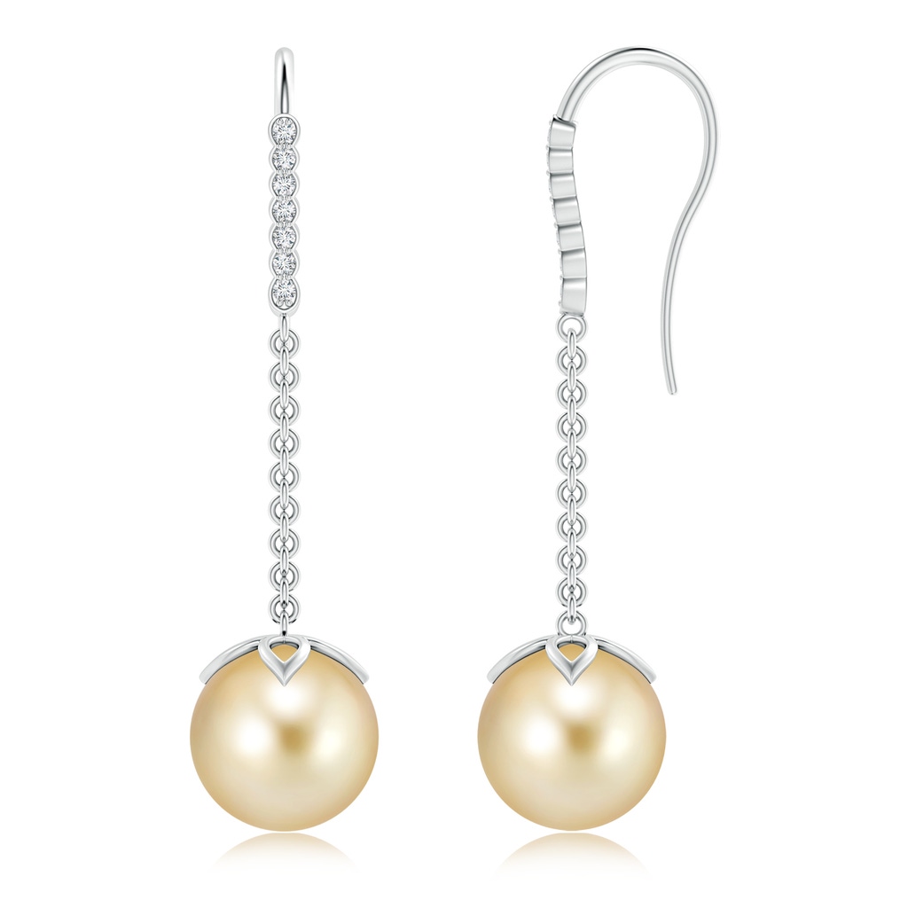 10mm AAAA Golden South Sea Pearl Long Dangle Earrings in White Gold