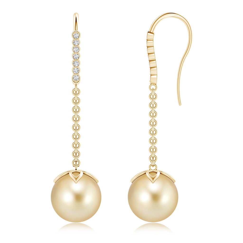 10mm AAAA Golden South Sea Pearl Long Dangle Earrings in Yellow Gold