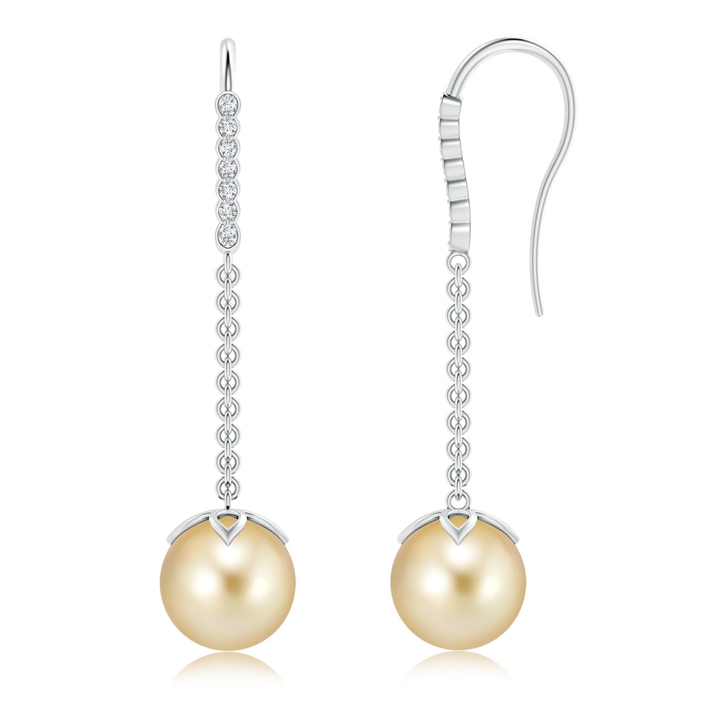 9mm AAAA Golden South Sea Pearl Long Dangle Earrings in White Gold