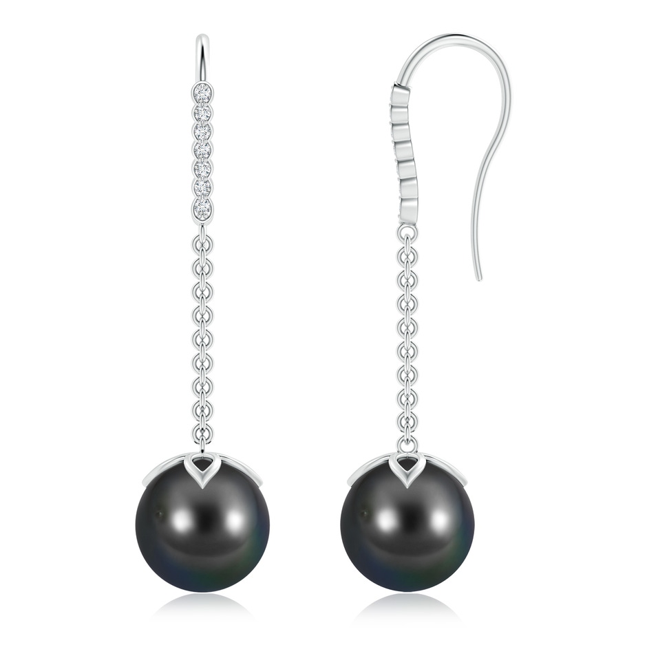 10mm AA Tahitian Pearl and Diamond Long Dangle Earrings in White Gold 