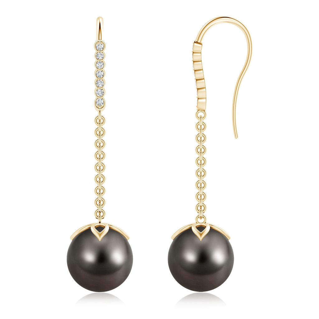 10mm AAA Tahitian Pearl and Diamond Long Dangle Earrings in Yellow Gold