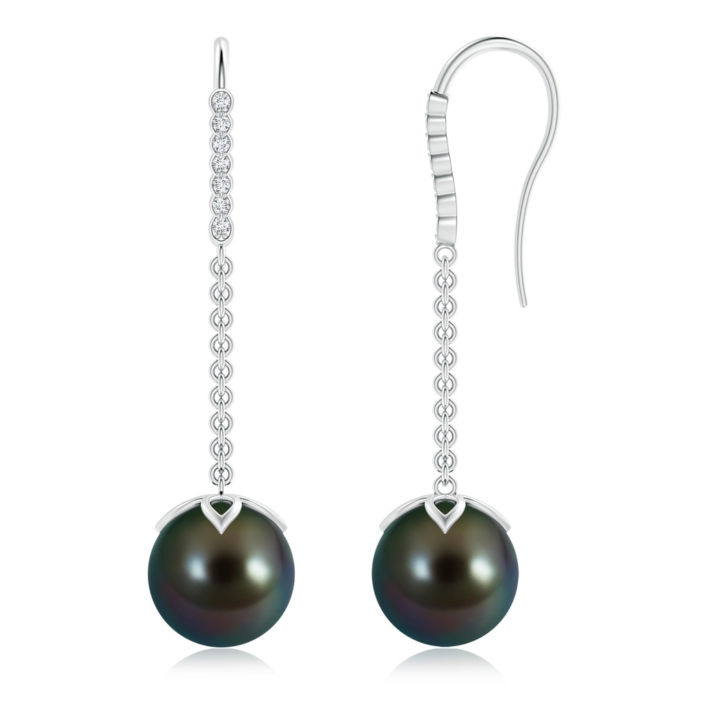 10mm AAAA Tahitian Pearl and Diamond Long Dangle Earrings in White Gold