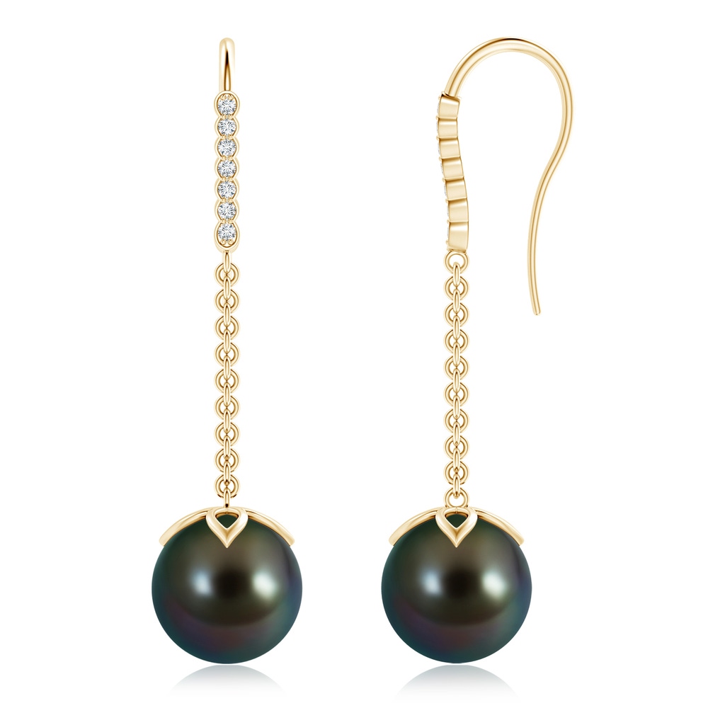 10mm AAAA Tahitian Pearl and Diamond Long Dangle Earrings in Yellow Gold