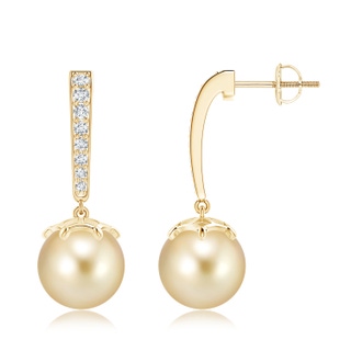 10mm AAAA Golden South Sea Cultured Pearl Drop Earrings with Diamonds in Yellow Gold