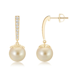 9mm AAA Golden South Sea Cultured Pearl Drop Earrings with Diamonds in Yellow Gold