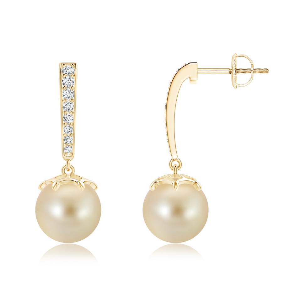 9mm AAA Golden South Sea Cultured Pearl Drop Earrings with Diamonds in Yellow Gold 