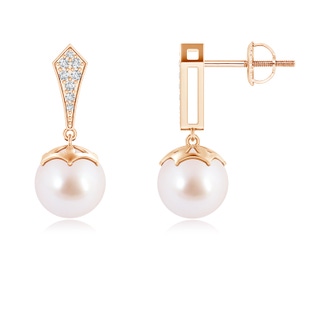 8mm AAA Art Deco Style Akoya Cultured Pearl Dangle Earrings in Rose Gold