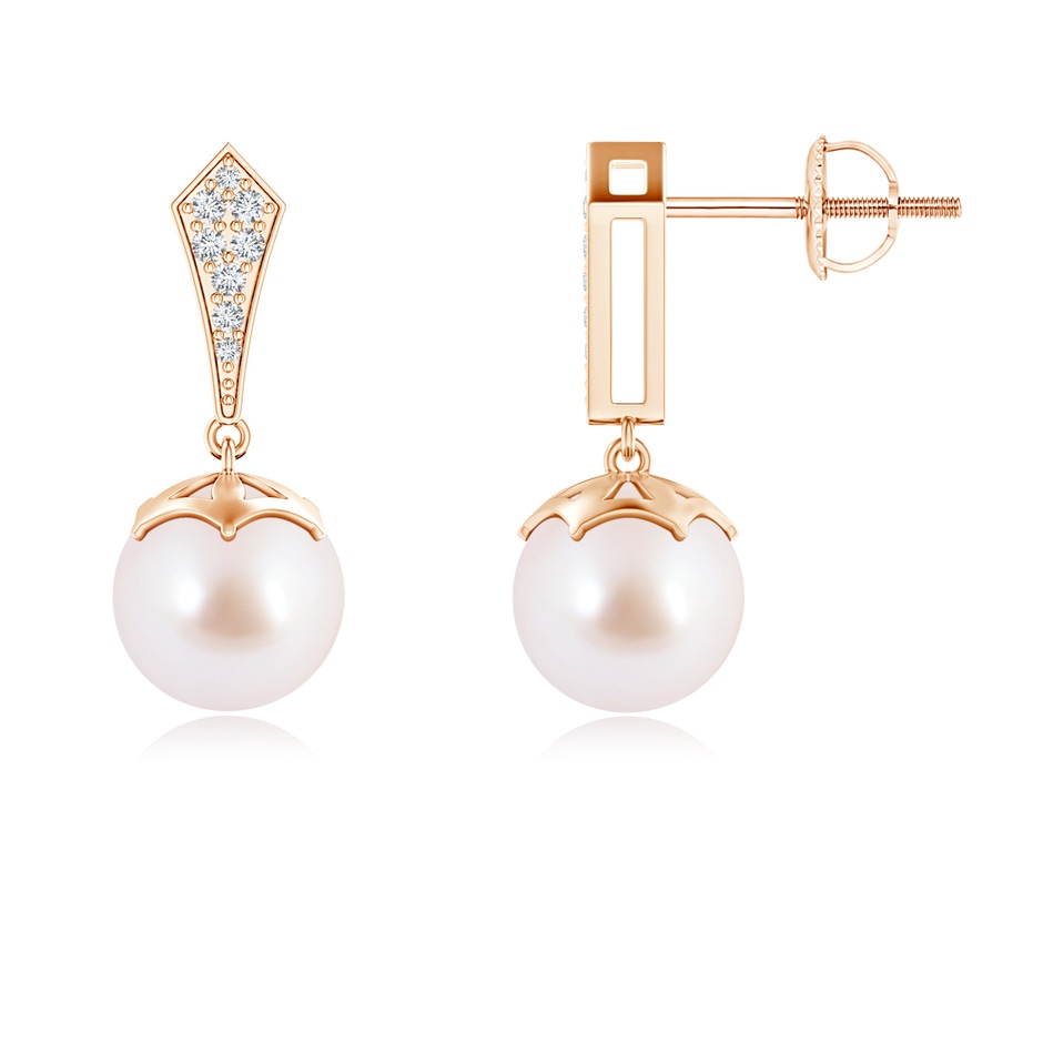 8mm AAA Art Deco Style Akoya Cultured Pearl Dangle Earrings in Rose Gold 