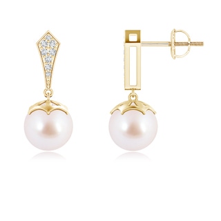 8mm AAA Art Deco Style Akoya Cultured Pearl Dangle Earrings in Yellow Gold