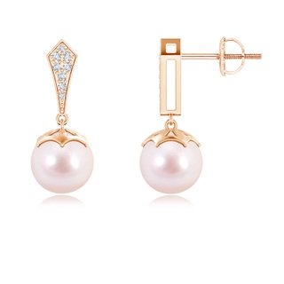 8mm AAAA Art Deco Style Akoya Cultured Pearl Dangle Earrings in Rose Gold