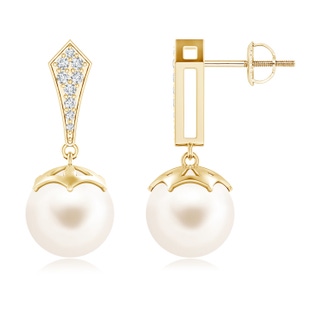 10mm AAA Art Deco Style Freshwater Cultured Pearl Dangle Earrings in Yellow Gold