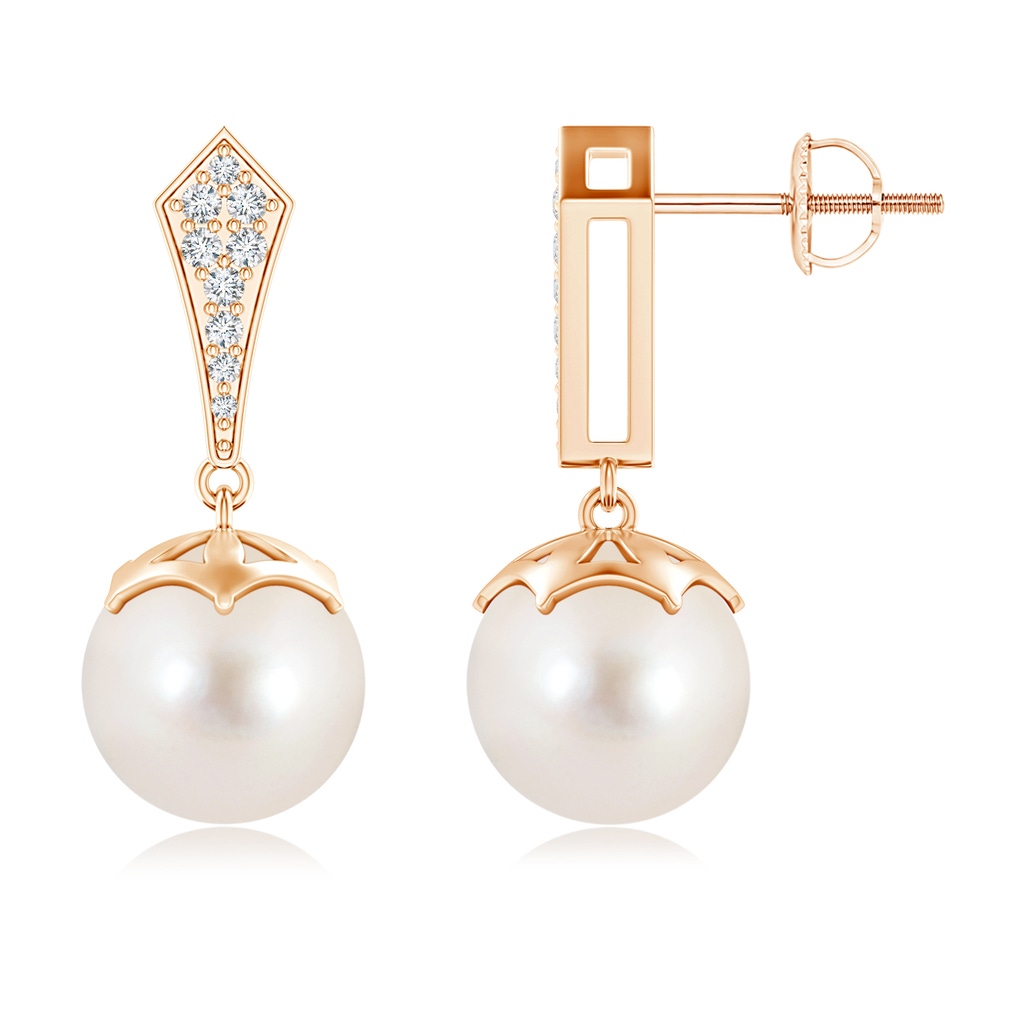10mm AAAA Art Deco Style Freshwater Cultured Pearl Dangle Earrings in Rose Gold